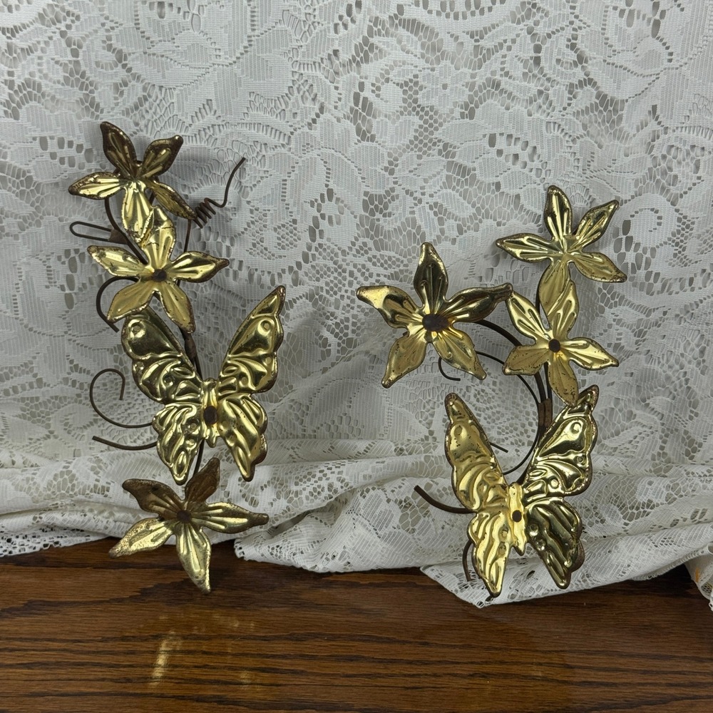 Vintage Gold Metal Butterfly and Flower Wall Art Set of 2 Rustic Floral Decor